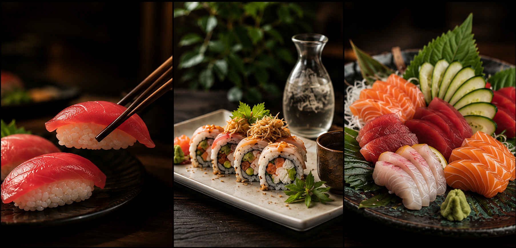 Tuna nigiri lifted with chopsticks, a plated roll with sake, and a sashimi platter