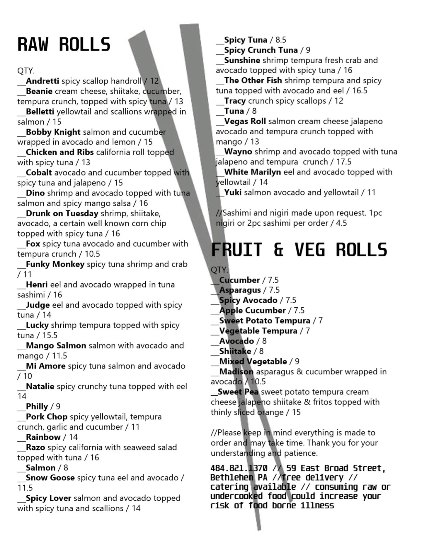 Printed sushi menu displayed with a pair of chopsticks